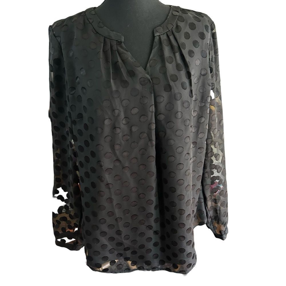 Talbots blouse. Black in black circles. Sheer top over a solid lining.Size M